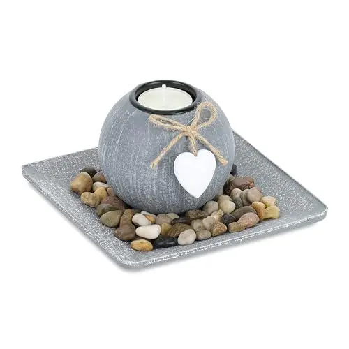 Produktbild: Relaxdays Teelichthalter Set mit Tablett & Steinen, 15,5 x 15,5 cm, Tischdeko Wohnzimmer, Esszimmer, Kerzenhalter, grau, 9 cm