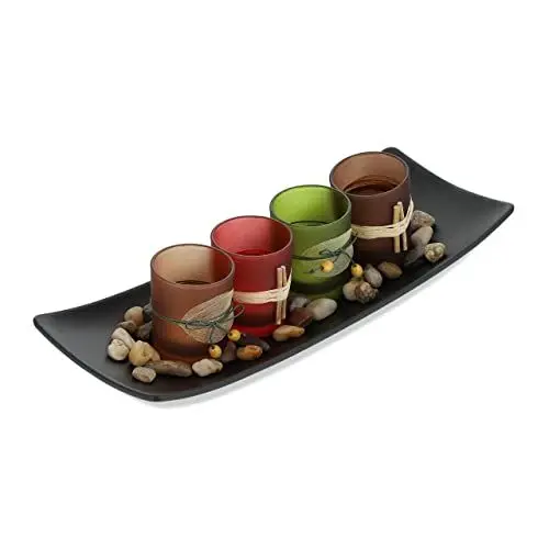 Produktbild: Relaxdays Teelichthalter Set mit Tablett & Steinen, 34 cm lang, Tischdeko Wohnzimmer, Esszimmer, 4 Teelichtgläser, bunt