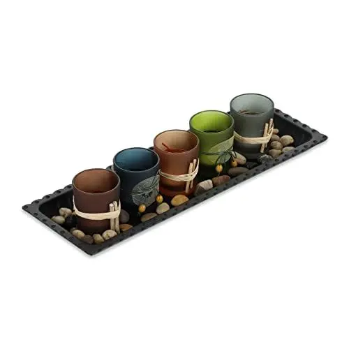 Produktbild: Relaxdays Teelichthalter Set mit Tablett & Steinen, 38,5 cm lang, Tischdeko Wohnzimmer, Esszimmer, Kerzengläser, bunt