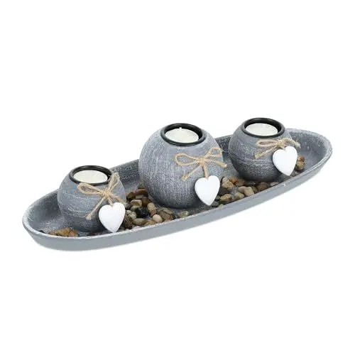 Produktbild: Relaxdays Teelichthalter Set mit Tablett & Steinen, 38 cm lang, Tischdeko Wohnzimmer, Esszimmer, Kerzenhalter, grau/weiß