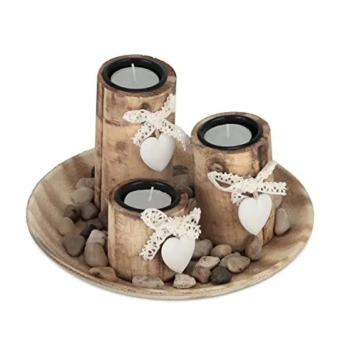 Produktbild: Relaxdays Teelichthalter Set, runde Dekoschale, mit Teelichtern & Steinen, Tischdeko Wohnzimmer, Esszimmer, Holz, Natur