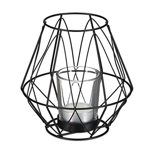Produktbild: Relaxdays Teelichthalter, geometrisches Design, Kerzenhalter mit Votivglas, Metall, Kerzenständer, HxD 14x14 cm, schwarz