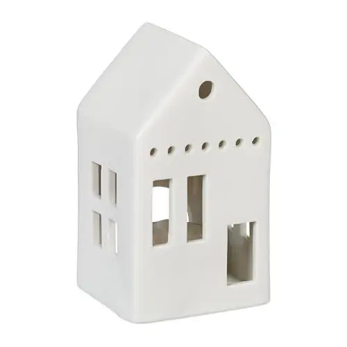 Produktbild: Relaxdays Teelichthaus Keramik, Leuchthäuschen für 1 Teelicht, H x B x T: 12 x 7 x 6 cm, Teelichthalter Haus, weiß