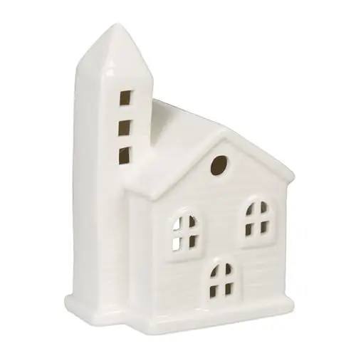 Produktbild: Relaxdays Teelichthaus Keramik, Leuchthäuschen für 1 Teelicht, H x B x T: 13,5 x 10 x 7 cm, Teelichthalter Kirche, weiß