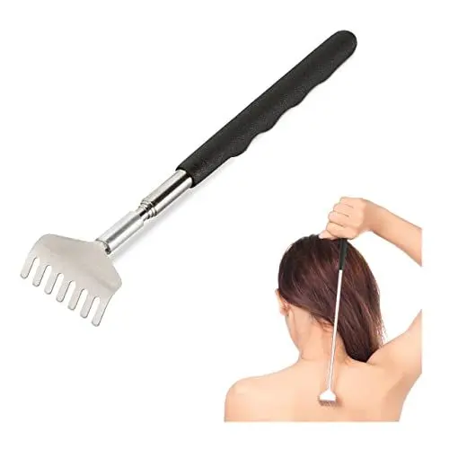 Produktbild: Relaxdays Teleskop Rückenkratzer, ausziehbare Kratzhand, für Rücken, weicher Griff, 20 bis 56 cm lang, Edelstahl, Silber, 1 Stück