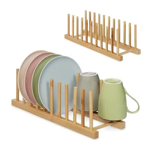 Produktbild: Relaxdays Tellerständer 2er Set, je für 10 Teller, Topfdeckel, Schneidebretter, Bambus Abtropfgestell Geschirr, Natur