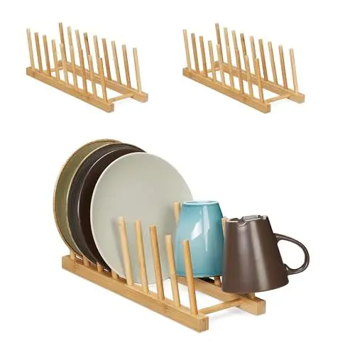 Produktbild: Relaxdays Tellerständer für 8 Teller, Brettchen, Deckel, 3er Set, Bambus, HBT: 12 x 12,5 x 34 cm, Abtropfgestell, Natur