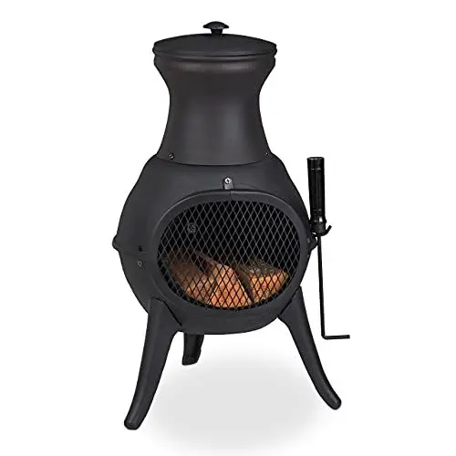 Produktbild: Relaxdays Terrassenofen, Gartenkamin mit Schürhaken, aus Gusseisen, mit Funkenschutz, HxBxT: 71,5x39x35 cm, schwarz
