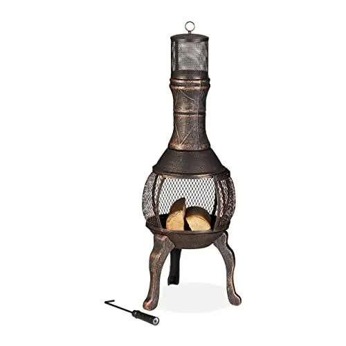 Produktbild: Relaxdays Terrassenofen, Gusseisen, HxBxT: 114 x 40 x 40 cm, Schürhaken, Funkenschutz, Outdoor, Gartenkamin, Bronze