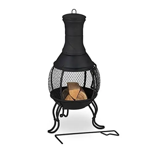 Produktbild: Relaxdays Terrassenofen, Stahl & Gusseisen, HxD: 88 x 36 cm, Gartenkamin Funkenschutz, Feuerstelle, Aztekenofen, schwarz