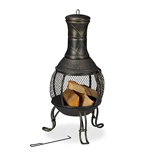 Produktbild: Relaxdays Terrassenofen, Stahl & Gusseisen, HxD: 88x36 cm, Gartenkamin Funkenschutz, Chiminea, Aztekenofen, schwarz/Gold