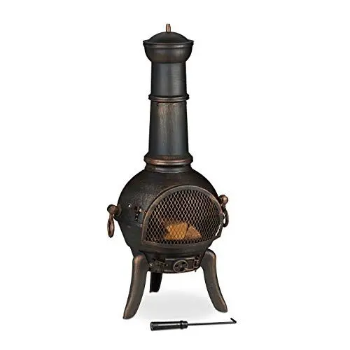 Produktbild: Relaxdays Terrassenofen, mit Funkenschutz, Schürhaken, Feuerrost, Zugluftklappe, Gartenkamin Gusseisen, Stahl, Bronze, 1 Stück