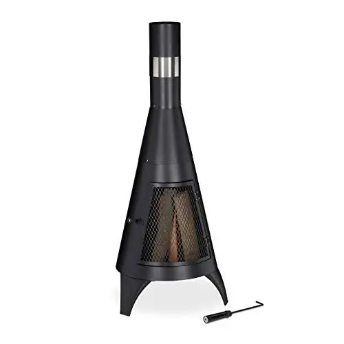 Produktbild: Relaxdays Terrassenofen mit Funkenschutz Tür, dekorative Feuerstelle für Holz, Gartenofen, HxD: 120x45cm, Stahl, schwarz