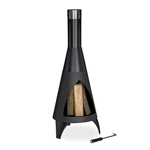 Produktbild: Relaxdays Terrassenofen mit Schürhaken, dekorative Feuerstelle, Gartenofen, für Holz, H x D: 120 x 45 cm, Stahl, schwarz