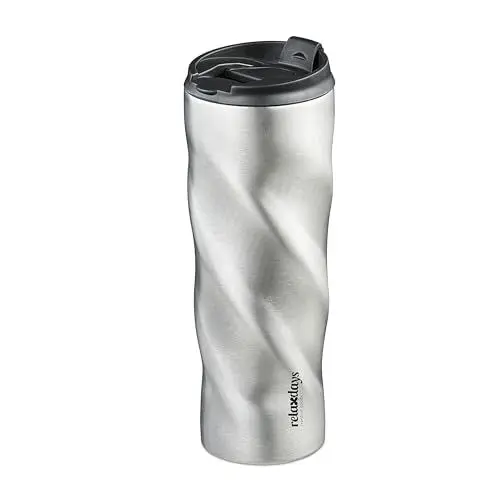 Produktbild: Relaxdays Thermobecher, 500 ml, für Heiß- & Kaltgetränke, dichter Kaffeebecher aus Edelstahl, BPA-frei, Silber/schwarz