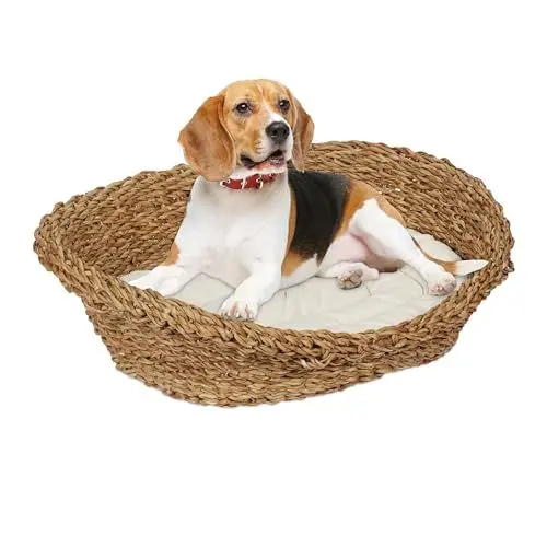 Produktbild: Relaxdays Tierbett für Hunde und Katzen, oval, HBT: 14 x 54,5 x 40 cm, Katzenliege, Hundekörbchen, Seegras, Natur/Creme