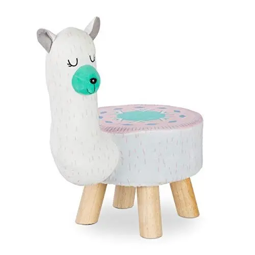 Produktbild: Relaxdays Tierhocker Lama für Kinder, Plüschbezug, rund, Sitzgelegenheit Kinderzimmer, Kinderhocker Tiermotiv, weiß