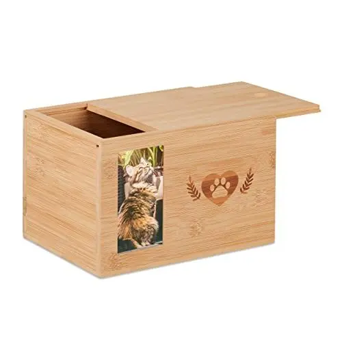 Produktbild: Relaxdays Tierurne Bambus, Haustier Urne für Hunde & Katzen, mit Foto, Hundeurne, HxBxT: 14,5 x 19,5 x 14,5 cm, Natur