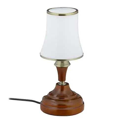 Produktbild: Relaxdays Tischlampe Antik, Glasschirm & Holzfuß, Jugendstil Lampe für Wohn- & Schlafzimmer, HxD: 30 x 13 cm, braun/weiß, Messing