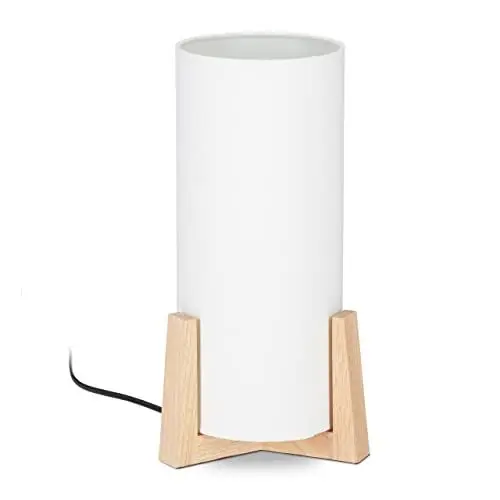 Produktbild: Relaxdays Tischlampe Holzfuß, runder Lampenschirm, modernes Design, E14, Nachttischlampe, HxD: 33 x 15 cm, weiß/natur
