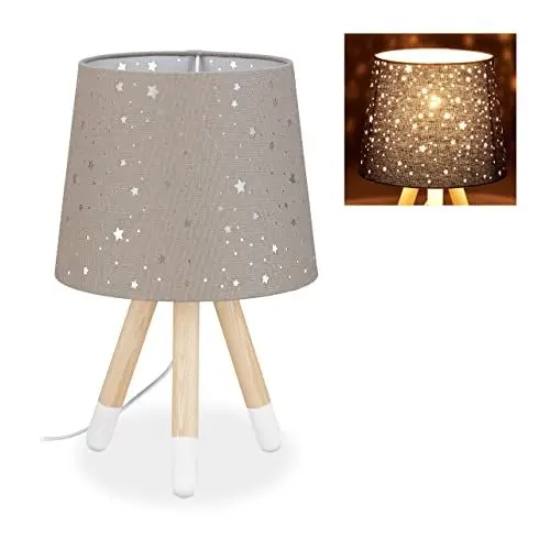 Produktbild: Relaxdays Tischlampe Kinderzimmer, Nachttischlampe Sterne, Jungen & Mädchen, E14, runder Stoffschirm, 40 cm hoch, grau