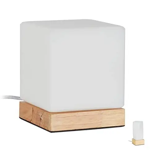 Produktbild: Relaxdays Tischlampe Würfel, Wohn- & Schlafzimmer, Holz & Milchglas, E14 Nachttischlampe, 15 x 12 x 12 cm, weiß/natur