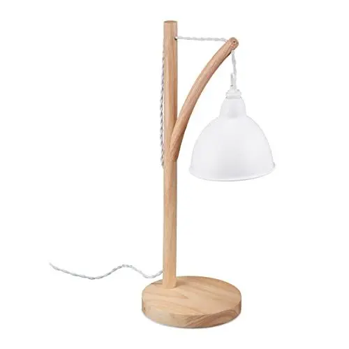Produktbild: Relaxdays Tischlampe, hängender Metallschirm, Holz, E14, HBT 52 x 18 x 26 cm, Industrial Style, Nachttischlampe, weiß