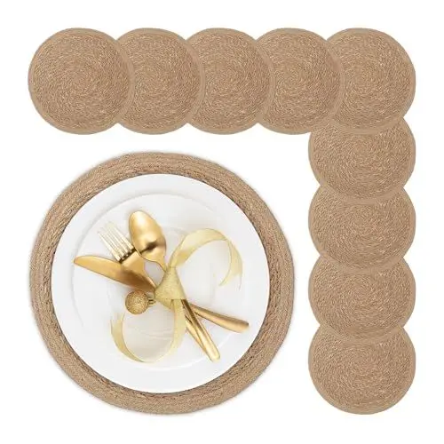 Produktbild: Relaxdays Tischset 10-teilig, für Esstisch, aus Wasserhyazinthe, Platzdecken, runde Telleruntersetzer, Ø 37 cm, Natur
