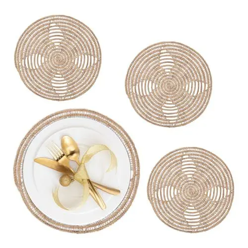 Produktbild: Relaxdays Tischset, 4er Set, natürliches Design, Palmenfaser, rundes Platzset, Ø 35 cm, Teller, Deko, Esstisch, Natur