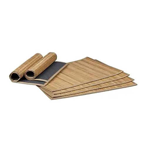 Produktbild: Relaxdays Tischset, 6er Set, Bambus, Stoffrand, rutschhemmend, 45 x 30 cm, Teller, Esstisch, eckiges Platzset, natur