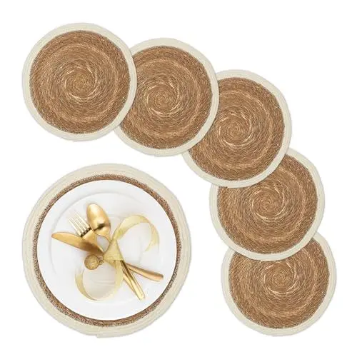 Produktbild: Relaxdays Tischset, 6er Set, geflochtenes Design, Wasserhyazinthe, rundes Platzset, Ø 36 cm, Teller, Deko, Natur/weiß