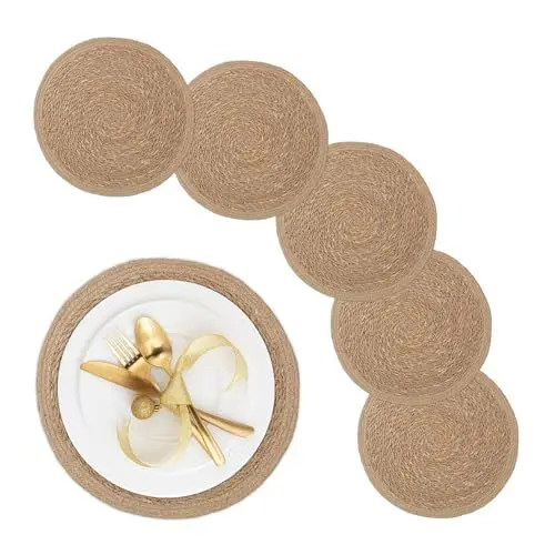Produktbild: Relaxdays Tischset 6-teilig, für Esstisch, aus Wasserhyazinthe, Platzdecken, runde Telleruntersetzer, Ø 37 cm, Natur