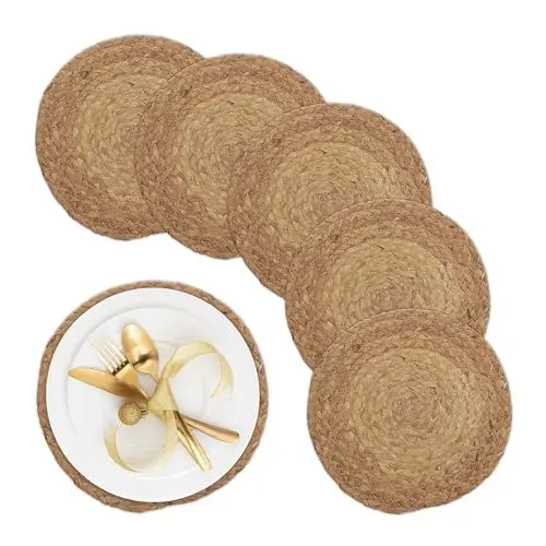 Produktbild: Relaxdays Tischset 6-teilig, für Esstisch, geflochtene Wasserhyazinthe, Ø 30 cm, Telleruntersetzer im Boho-Stil, Natur