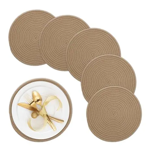 Produktbild: Relaxdays Tischset 6-teilig, für den Esstisch, geflochtene Baumwolle, Ø 30 cm, Telleruntersetzer im Boho-Stil, beige