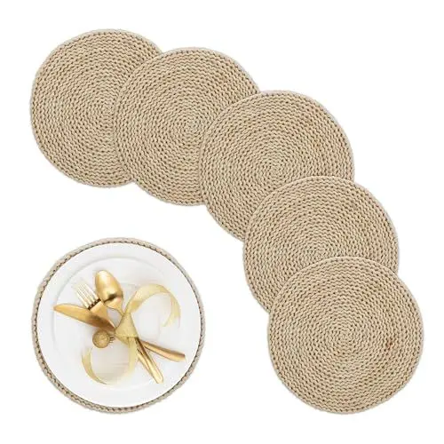 Produktbild: Relaxdays Tischset 6-teilig, für den Esstisch, geflochtenes Maisstroh, Ø 30 cm, Telleruntersetzer im Boho-Stil, Natur