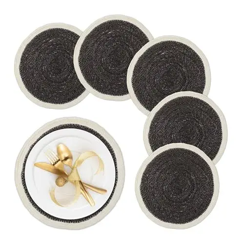 Produktbild: Relaxdays Tischset, 6-teilig, geflochten, Seegras, Ø 37 cm, rundes Platzset für Esstisch, Platzdeckchen, schwarz/Creme