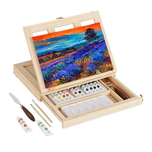 Produktbild: Relaxdays Tischstaffelei Holz, 19-tlg., mit Leinwand, Pinsel, Acrylfarben & Malspachtel, verstellbar, natur