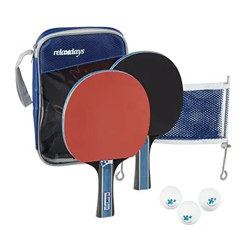 Produktbild: Relaxdays Tischtennis Set, Hülle mit Tischtennis-Netz, 2 Holzschläger, 3 Ping Pong Bälle, Mini Tischtennis, schwarz-rot