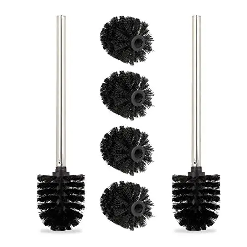 Produktbild: Relaxdays Toilettenbürste, 2er Set, WC-Bürste, inkl. 4 Ersatzbürstenköpfe, Klobürste Edelstahl, HxD 35 x 8 cm, schwarz