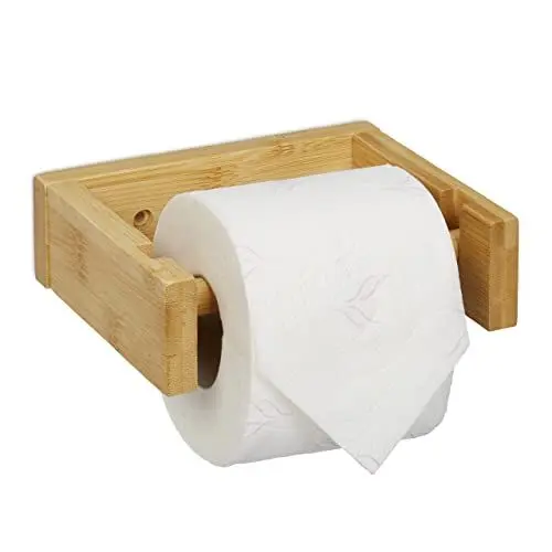 Produktbild: Relaxdays Toilettenpapierhalter Bambus, Klopapierhalter fürs Bad, Wand, klebend, Klorollenhalter HBT: 5x16x13 cm, Natur