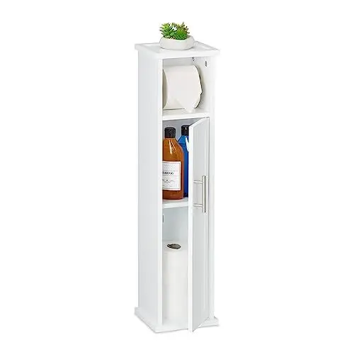 Produktbild: Relaxdays Toilettenpapierhalter stehend, 2 Fächer, Badezimmeregal, HBT: 77x18,5x17,5 cm, WC Papier Schrank, weiß/Silber, MDF, 77 x 18,5 x 17,5 cm