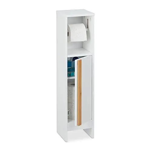 Produktbild: Relaxdays Toilettenpapierhalter stehend, Badezimmeregal HBT 75,5 x 18,5 x 18,5 cm, MDF & Bambus, WC Papier Schrank, weiß