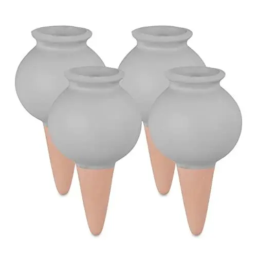 Produktbild: Relaxdays Tonkegel Bewässerung, 4er Set, je 100 ml Volumen, Gießkugel für Zimmerpflanzen & Balkonkästen, grau/terrakotta