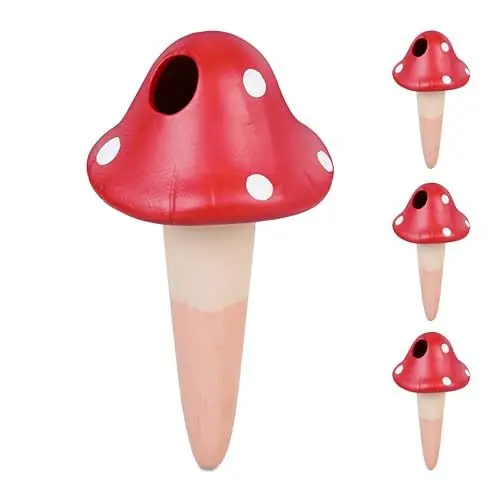 Produktbild: Relaxdays Tonkegel Bewässerung, 4er Set, je 110 ml, Gießhilfe Zimmerpflanzen, Pilz-Design, Tonspitzen, terrakotta/rot