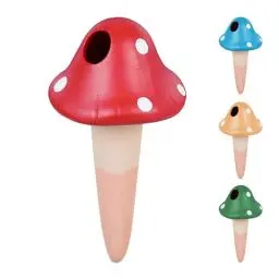 Produktbild: Relaxdays Tonkegel Bewässerung, 4er Set, je 110 ml, Gießhilfe für Zimmerpflanzen, Pilz-Design, Bewässerungsstecker, bunt