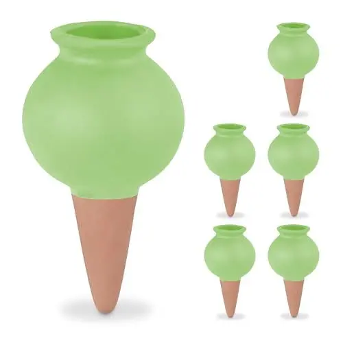 Produktbild: Relaxdays Tonspitzen Bewässerung, 6er Set, Wasserspender für Zimmerpflanzen & Balkonkästen, Gießkegel, terrakotta/grün