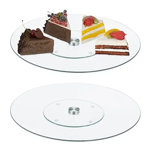 Produktbild: Relaxdays Tortenplatte 2er Set, 360° drehbar, ∅ 30 cm, zum Servieren & Dekorieren, runde Kuchenplatte, Glas, transparent