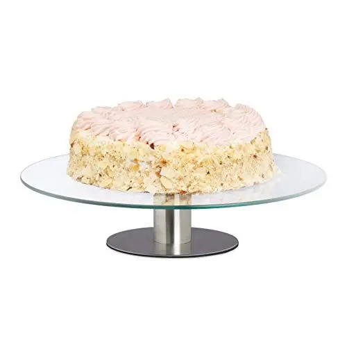 Produktbild: Relaxdays Tortenplatte drehbar, Standfuß, Kuchenplatte zum Dekorieren, Torten Drehteller für Kuchen, Ø 30cm, transparent, 1 Stück