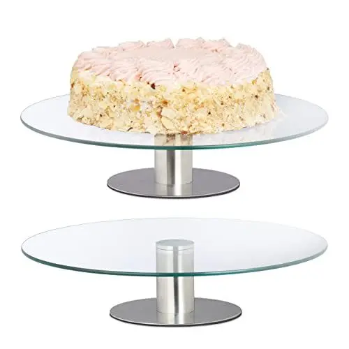 Produktbild: Relaxdays Tortenplatte mit Fuß, 2er Set, drehbar, ∅ 30 cm, zum Servieren, runde Kuchenplatte Glas, transparent/Silber