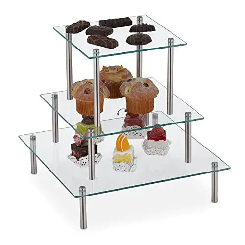Produktbild: Relaxdays Tortenständer, stapelbar, 3 Größen, für kleine Kuchen, Desserts & Cupcakes, eckige Kuchenständer, transparent